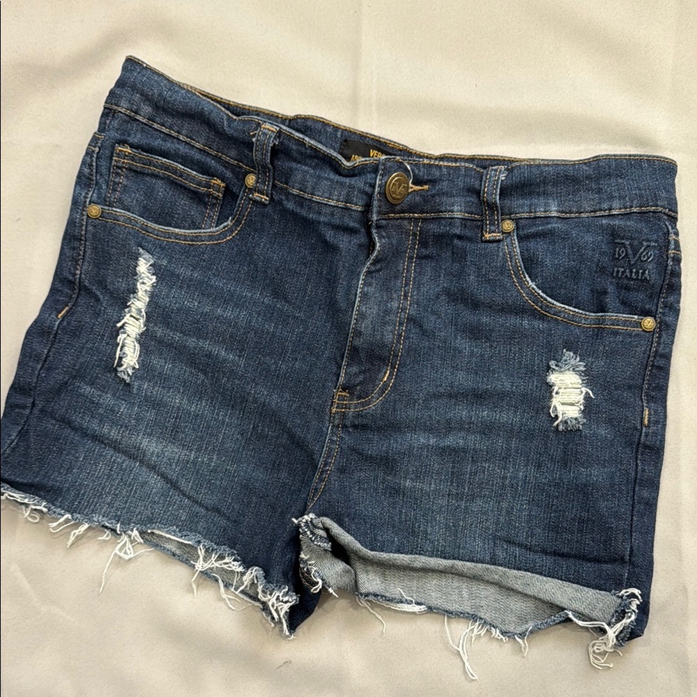 Versace Blue Distressed Jean Shorts Raw Hem